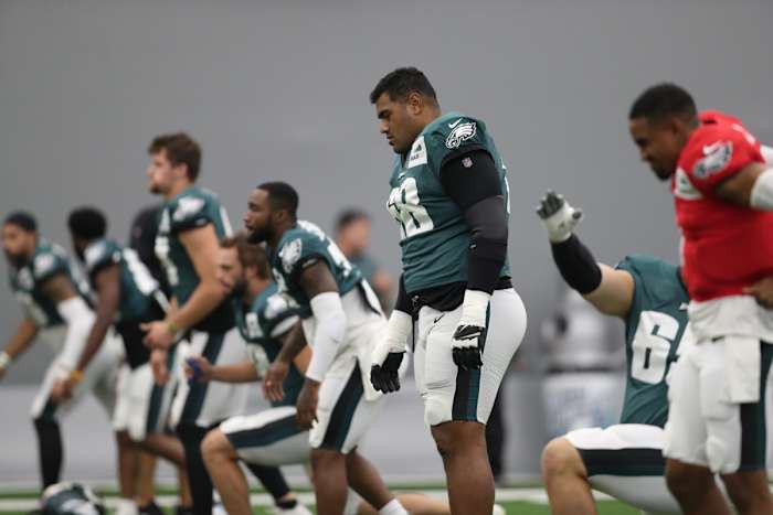 Jordan Mailata (No. 68) prepares for practice